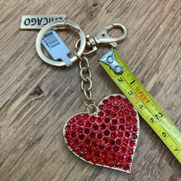 Red Rhinestone Heart Gold Tone "Chicago" Key Chain Purse Charm - Picture 4 of 4